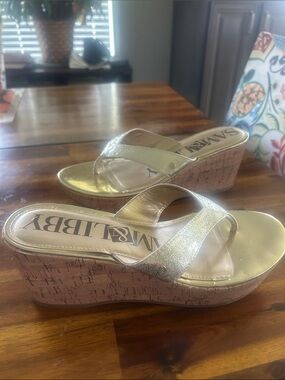 Sam & Libby Metallic Gold Cork Wedge Sandals 9